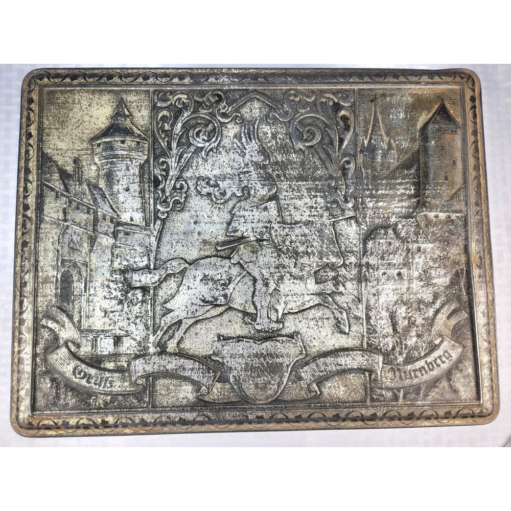 Vintage German Silver Tin Biscuit Box Knight Jousting Castles Horse History